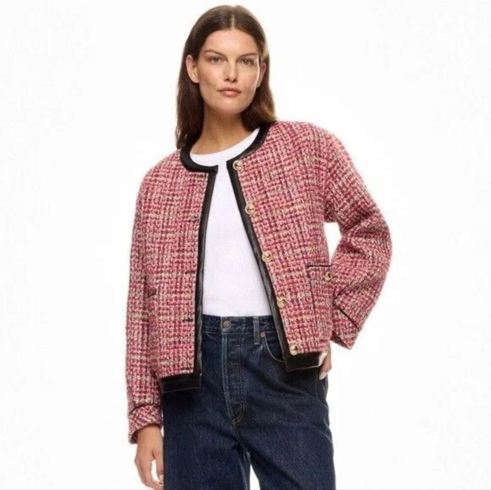 English Factory womens Red Tweed Faux Leather Trim Blazer Jacket size Small $210
